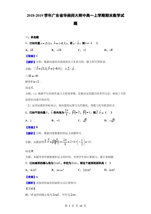 2018-2019学年广东省华南师大附中高一上学期期末数学试题(解析版)