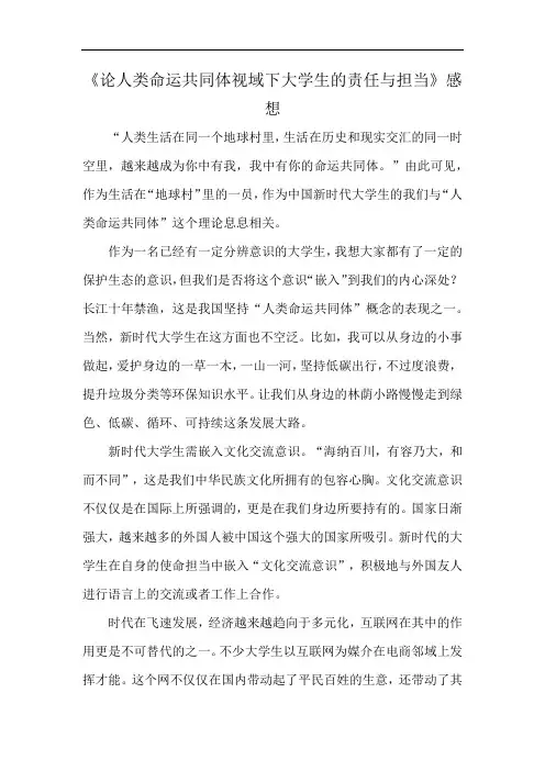 《论人类命运共同体视域下大学生的责任与担当》感想