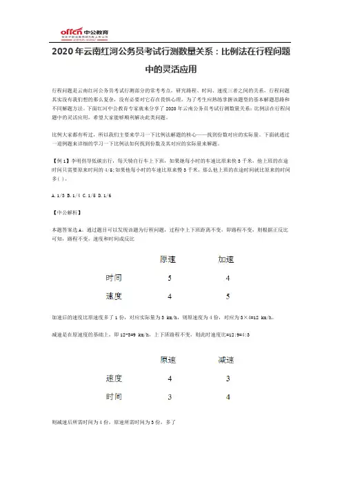 2020年云南红河公务员考试行测数量关系：比例法在行程问题中的灵活应用