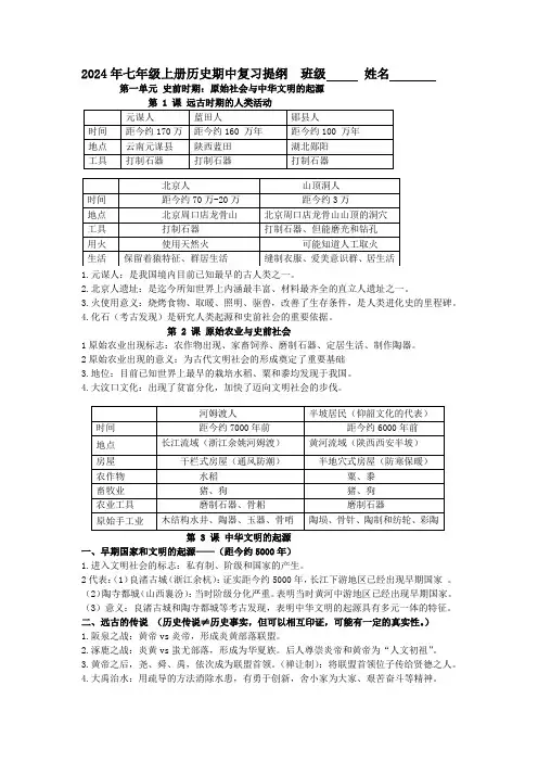 期中复习提纲    2024-2025学年统编版七年级历史上册