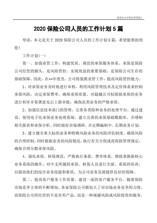 2020保险公司人员的工作计划5篇