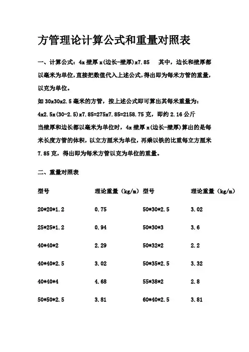方管理论计算公式和重量对照表