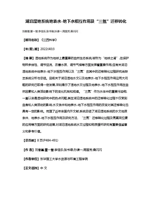 湖泊湿地系统地表水-地下水相互作用及“三氮”迁移转化