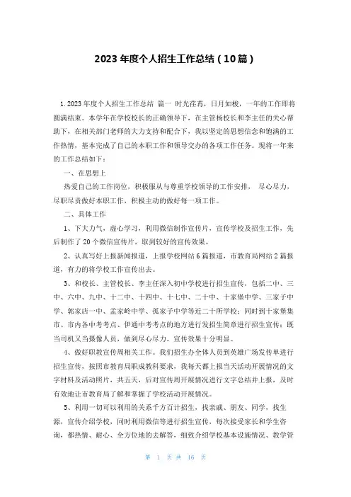 2023年度个人招生工作总结(10篇)