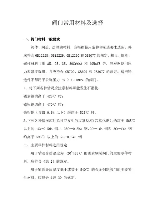 阀门常用材料及选择