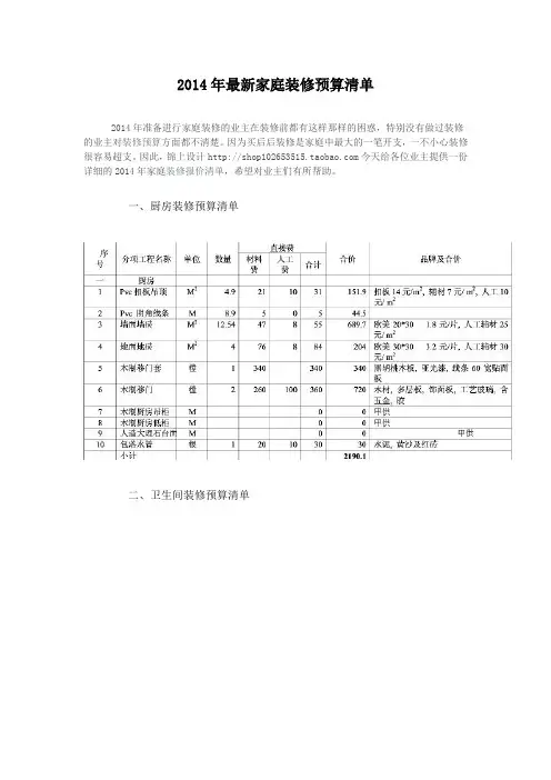 2014最新家庭装修报价清单