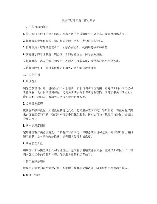 酒店前厅部年度工作计划表