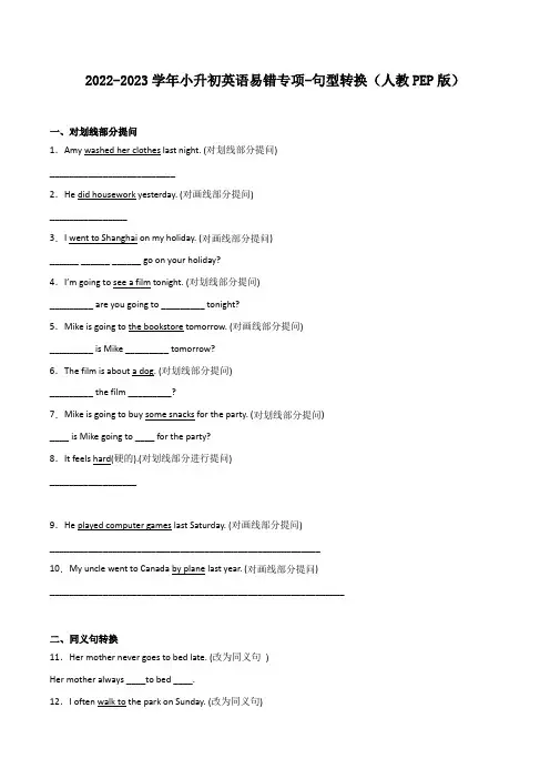 2022-2023学年小升初英语易错专项-句型转换(人教PEP版)