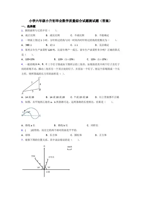小学六年级小升初毕业数学质量综合试题测试题(答案)