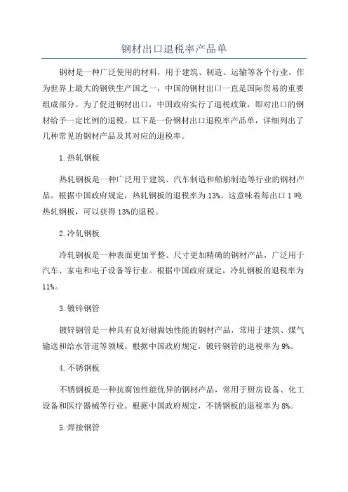 钢材出口退税率产品单
