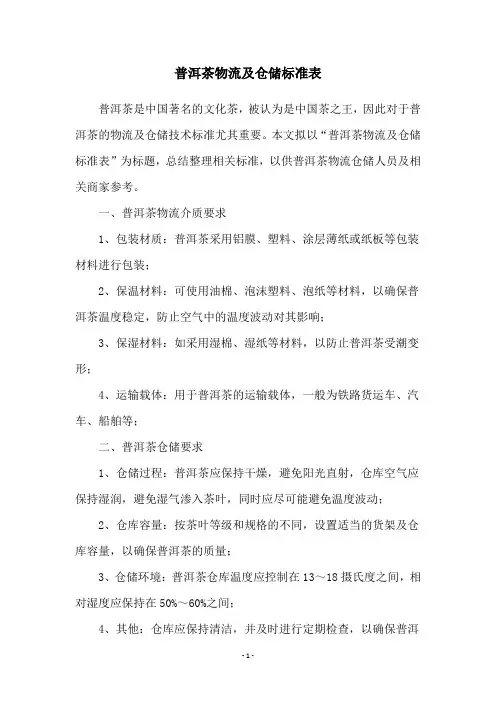 普洱茶物流及仓储标准表