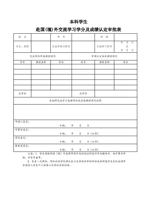 本科学生赴国(境)外交流学习学分及成绩认定审批表