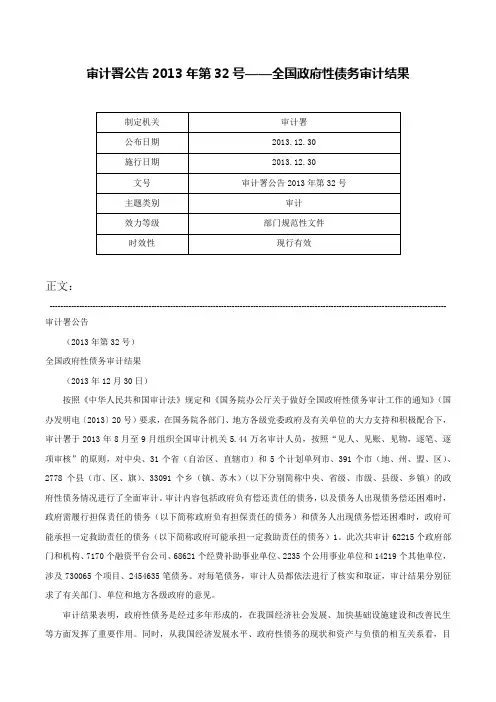 审计署公告2013年第32号——全国政府性债务审计结果-审计署公告2013年第32号