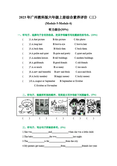 2023年教科版六年级上册英语综合素养评价(三)(Module5~6)综合测试过关(含答案)