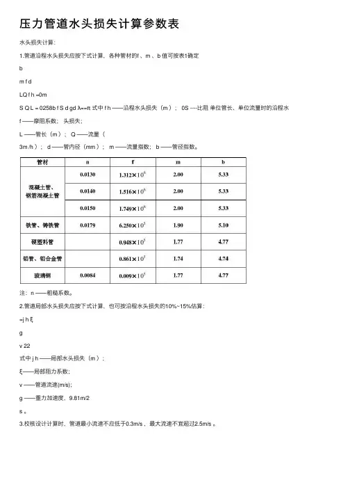 压力管道水头损失计算参数表