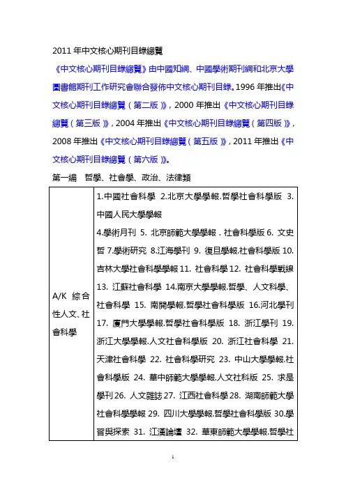 2011年中文核心期刊目录总览