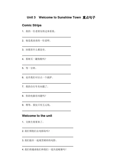 译林牛津7BUnit 3  Welcome to Sunshine Town重点句子