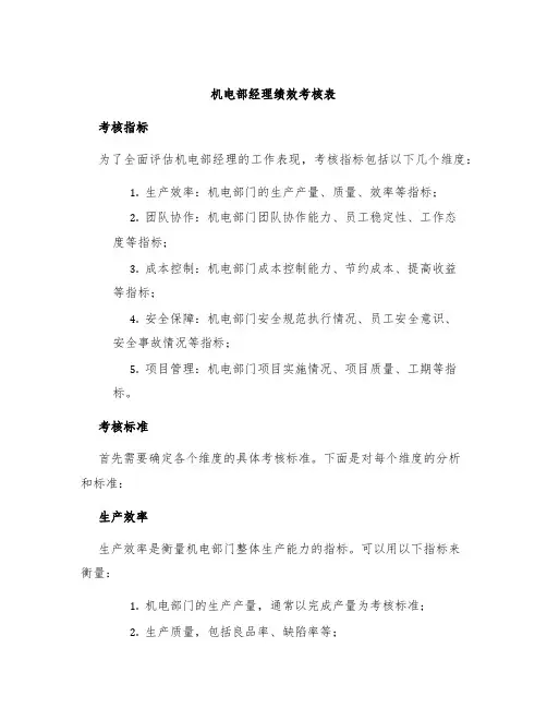 机电部经理绩效考核表