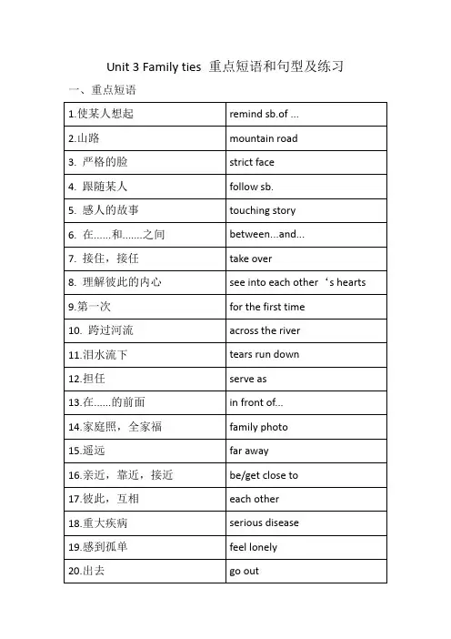 最新外研版七年级英语上册Unit 3 Family ties重点短语和句型及练习(含答案)