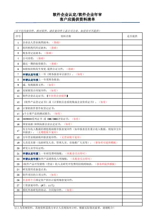 软件企业专项审计需提供的资料清单