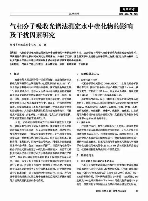 气相分子吸收光谱法测定水中硫化物的影响及干扰因素研究