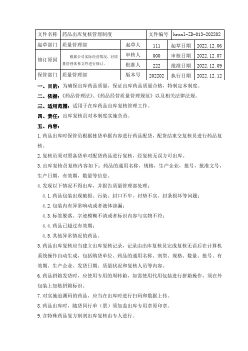 药品批发企业药品出库复核管理制度