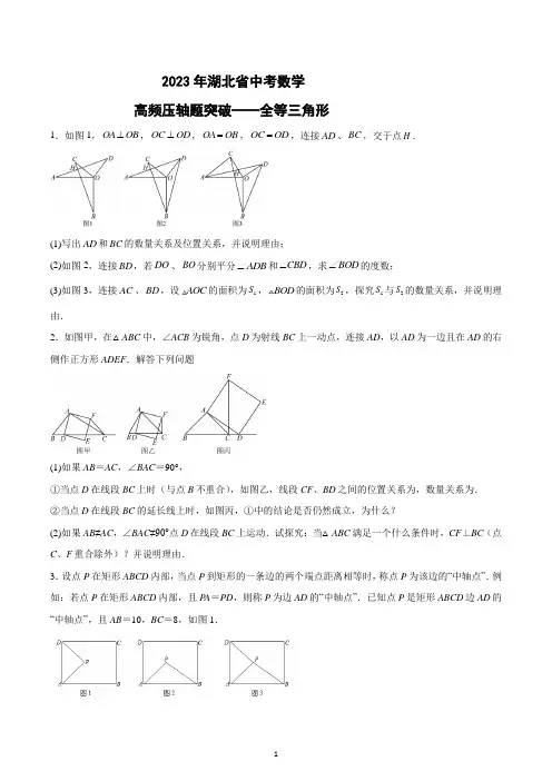 2023年湖北省中考数学高频压轴题突破——全等三角形