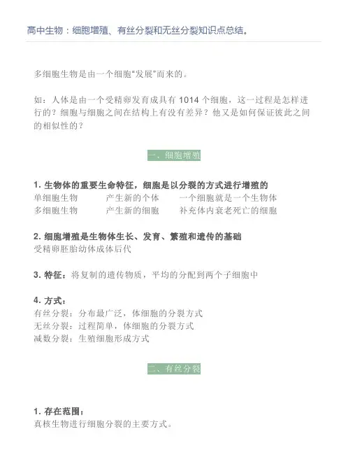 高中生物：细胞增殖、有丝分裂和无丝分裂知识点总结。