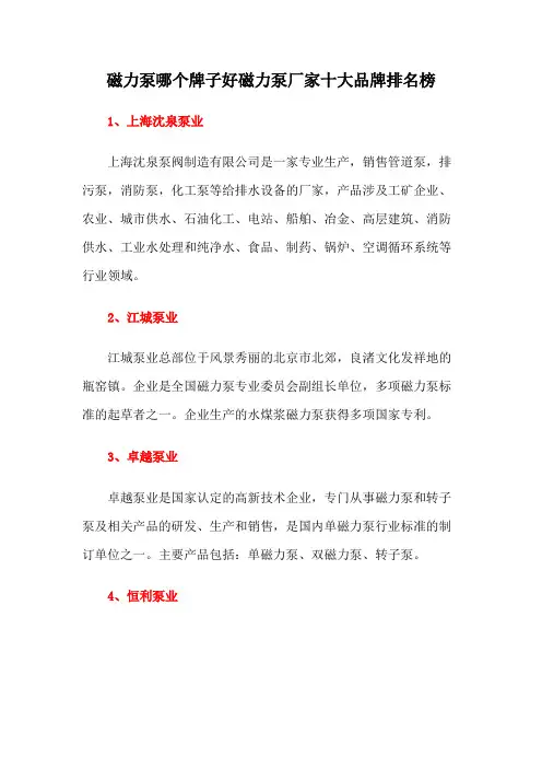 磁力泵哪个牌子好磁力泵厂家十大品牌排名榜