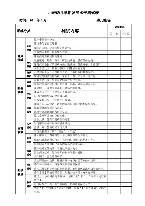 小班幼儿期末测评表