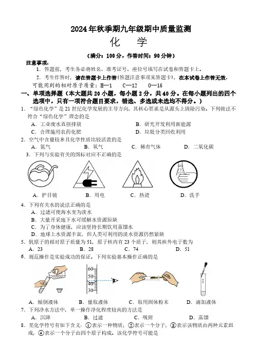 2024年秋季期九年级期中适应性训练化学试卷 