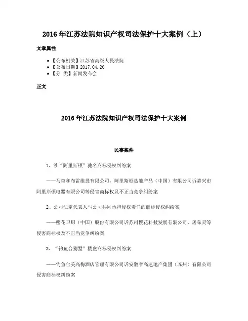 2016年江苏法院知识产权司法保护十大案例（上）
