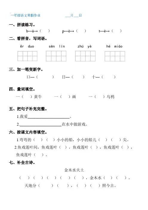 寒假作业(试题)部编版语文一年级上册
