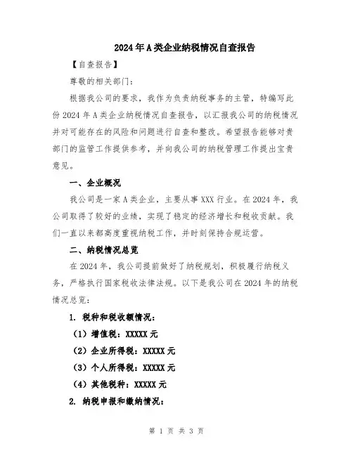 2024年A类企业纳税情况自查报告