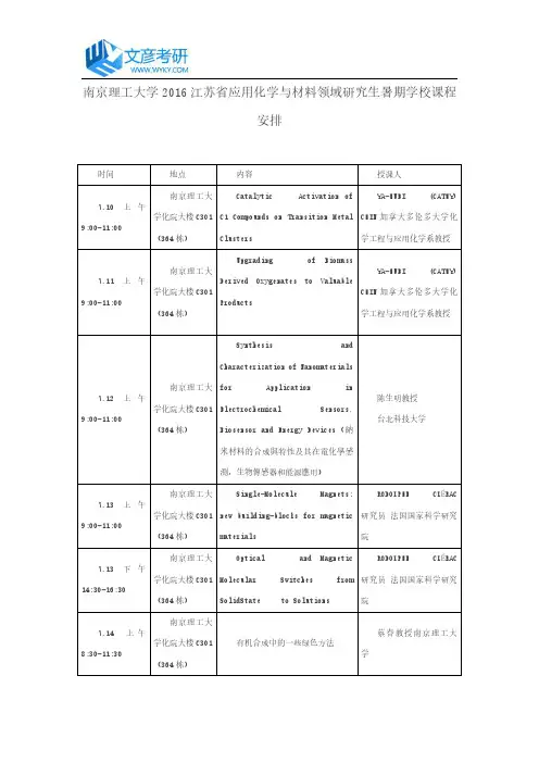 南京理工大学2016江苏省应用化学与材料领域研究生暑期学校课程安排