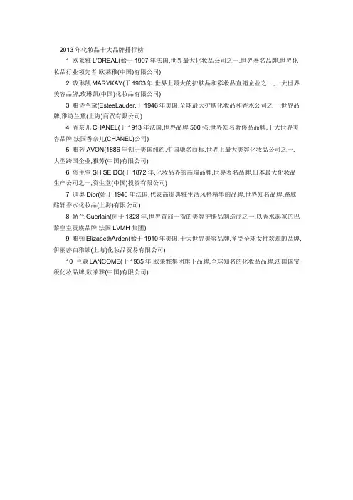 2013年化妆品十大品牌排行榜