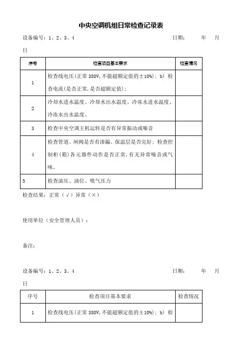 中央空调机组日常检查记录表