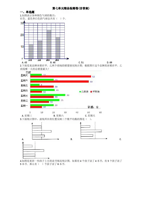 【三套试卷】青岛市小学四年级数学下册第七单元教材检测题及答案