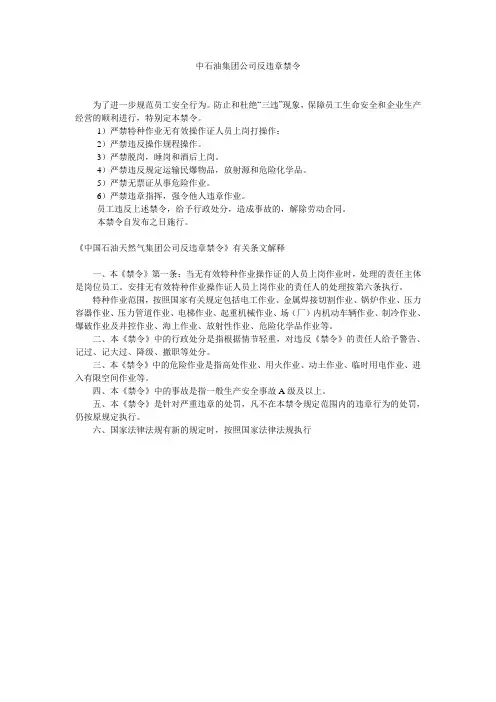 中石油集团公司反违章禁令