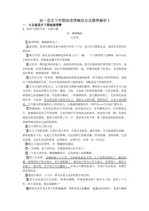 初一语文下学期阅读理解综合试题带解析1