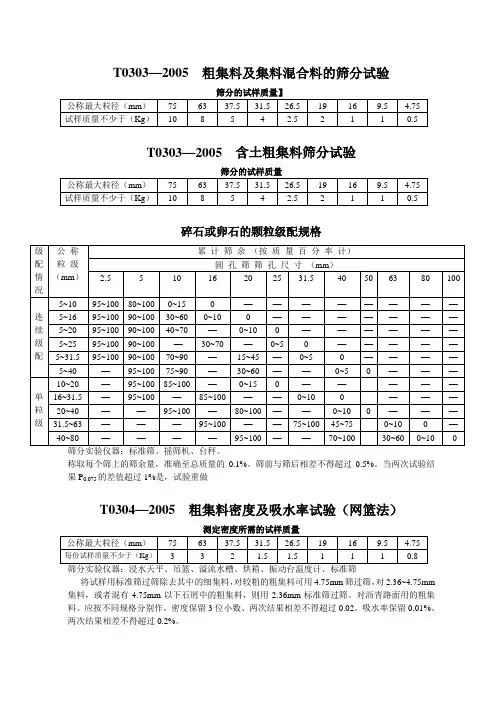 粗集料取样数量、技术要求试验