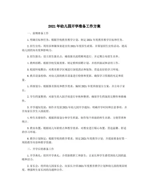 2021年幼儿园开学准备工作方案