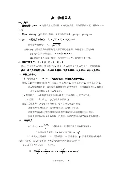 高中物理新课标(必修与选修3-1、2、4)公式大全
