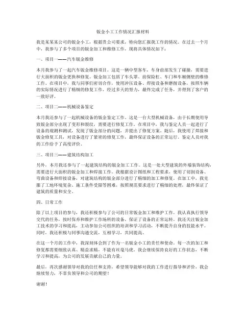 钣金小工工作情况汇报材料