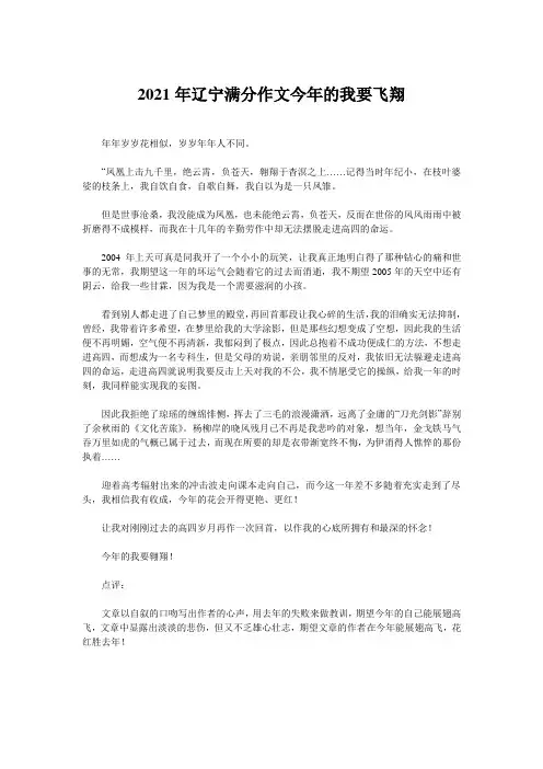 2021年辽宁满分作文今年的我要飞翔