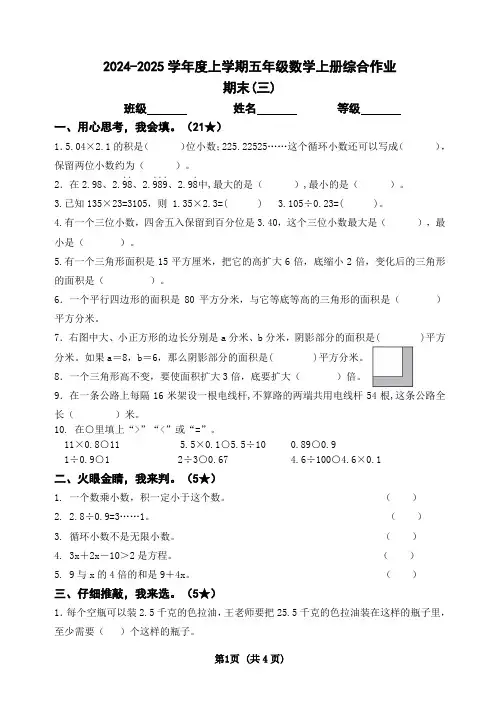  2024-2025学年五年级上册数学期末(三)综合作业