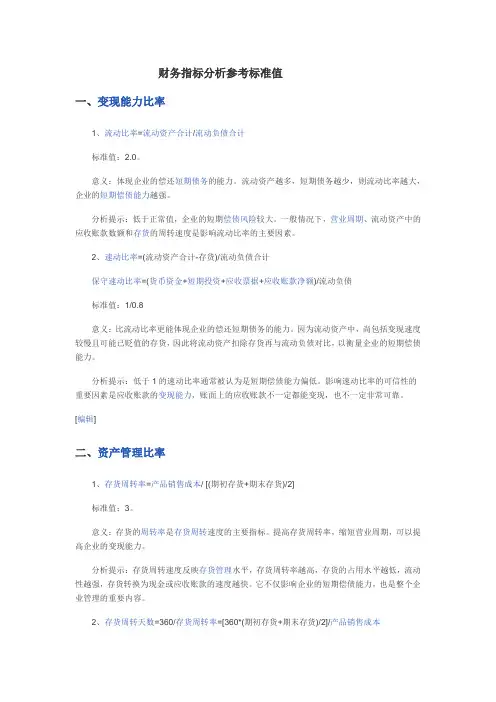 财务指标参考标准值