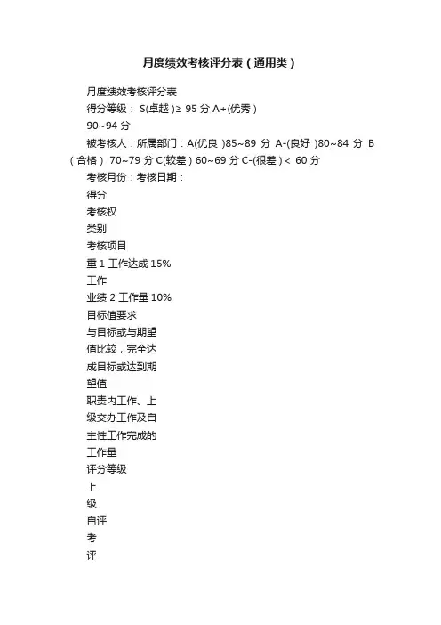 月度绩效考核评分表（通用类）