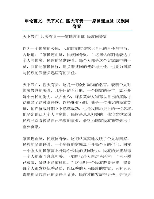 申论范文：天下兴亡 匹夫有责——家国连血脉 民族同脊梁