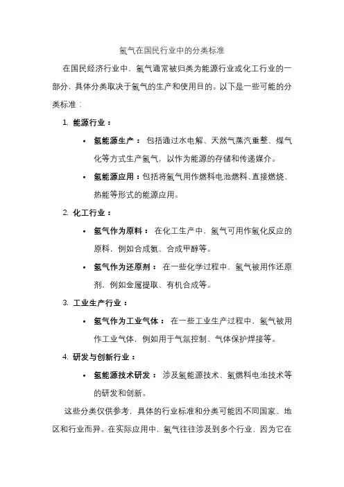 氢气在国民行业中的分类标准